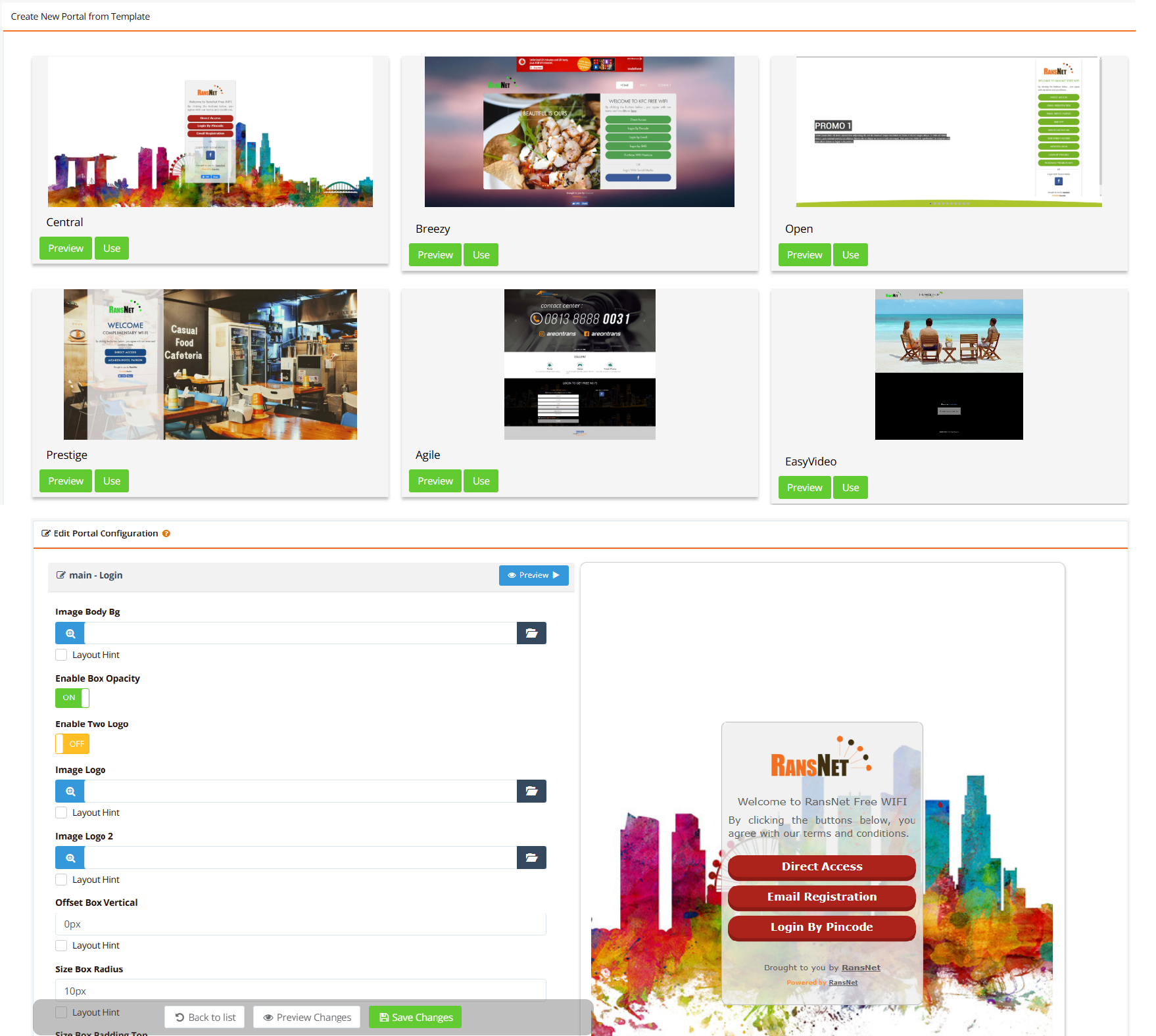 RansNet HSG portal customization — template gallery and no-code CMS editor for branding the captive portal