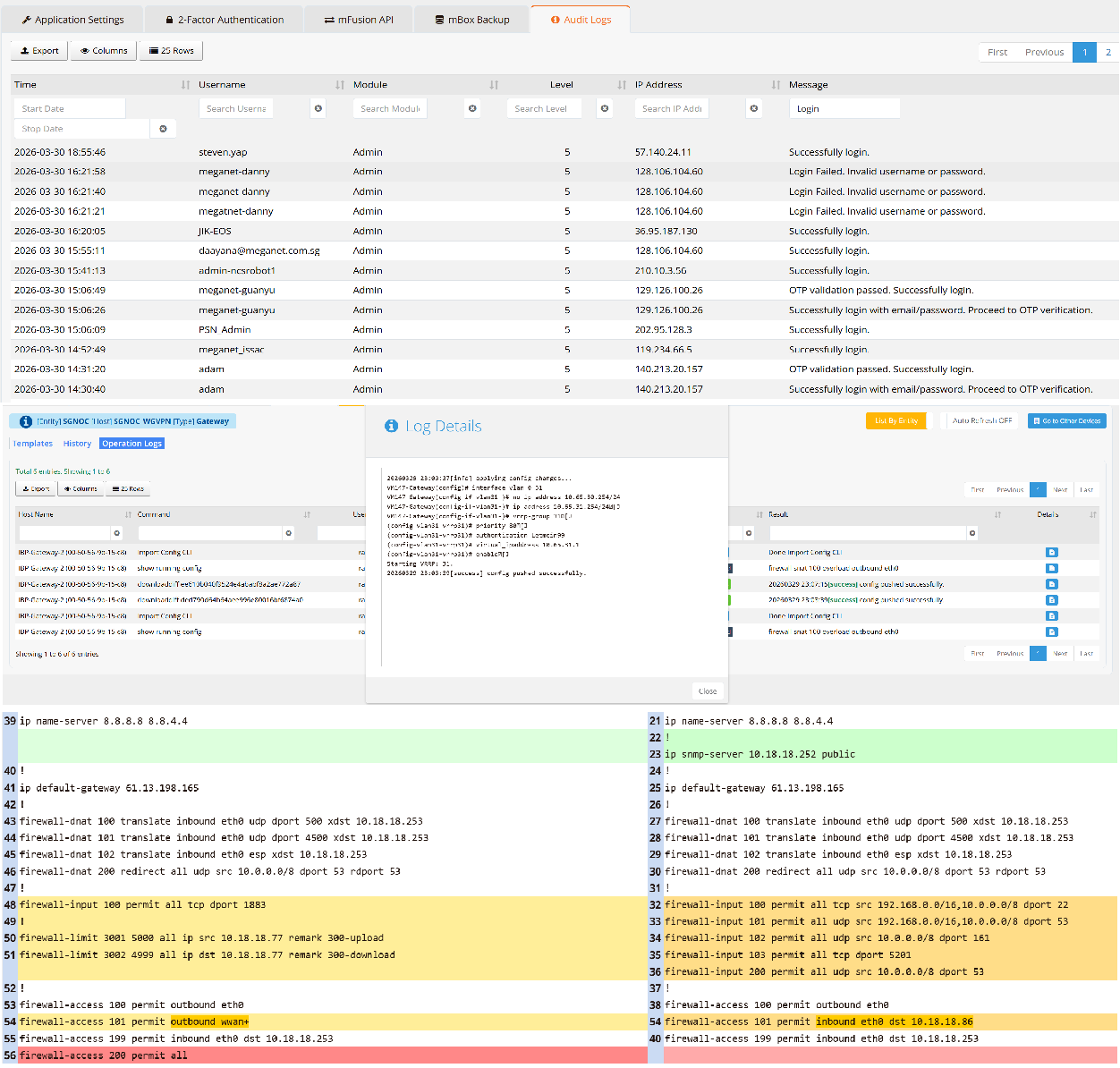 mfusion audit trail — admin login and OTP events, per-device operation logs, log detail, and side-by-side configuration change comparison