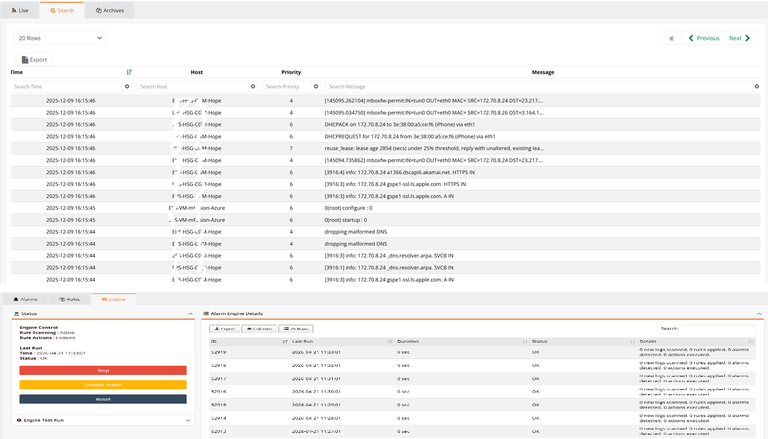 RansNet log collector — live and searchable syslog with export and archives, plus a rule-based alarm engine