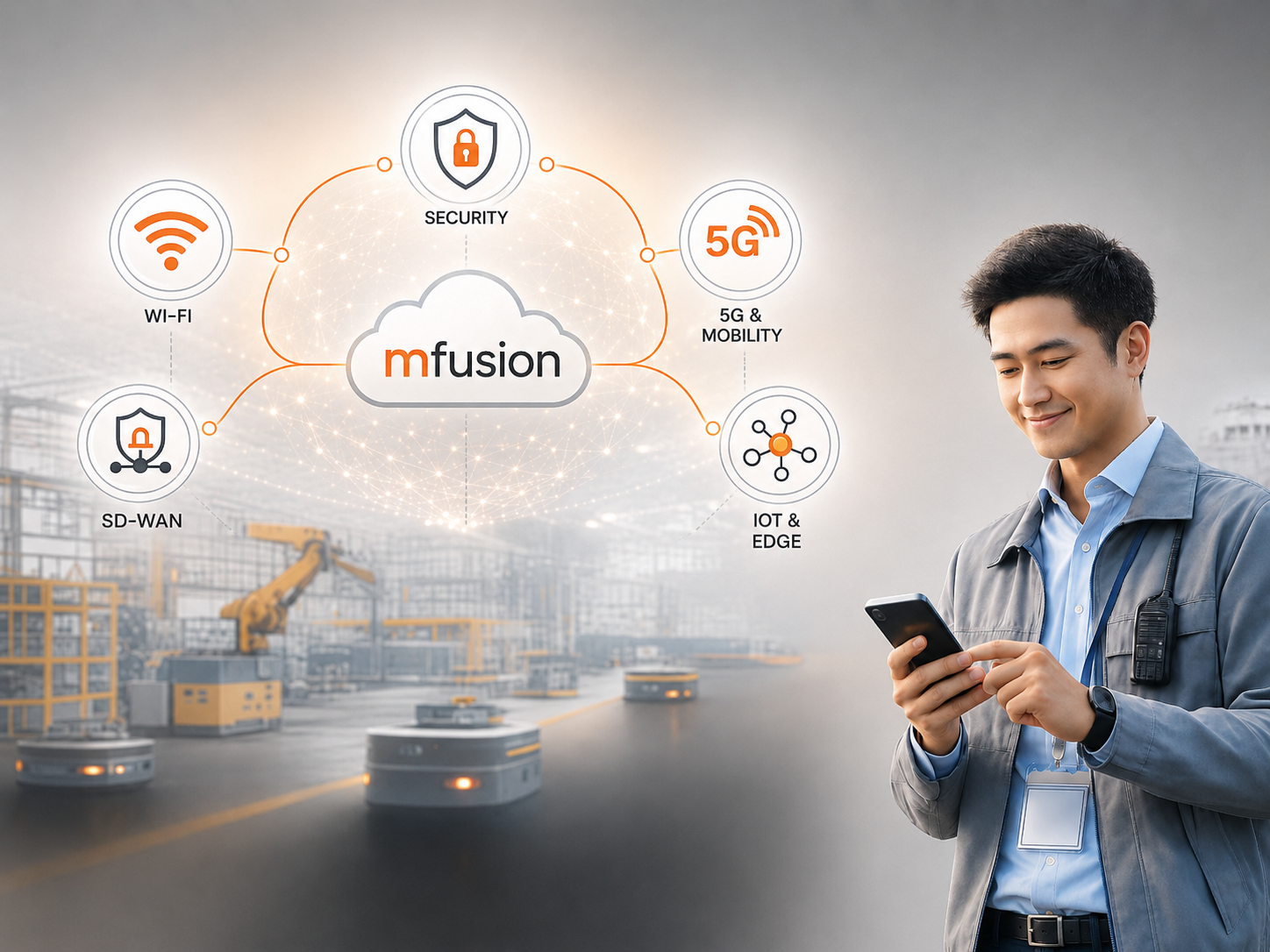 RansNet 5G smart-factory connectivity — engineers manage AMR/AGV robots and automation over a converged edge network